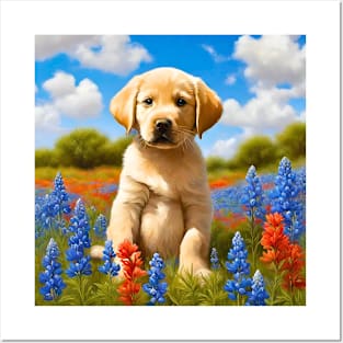 Labrador Retriever Puppy in Texas Wildflower Field Posters and Art